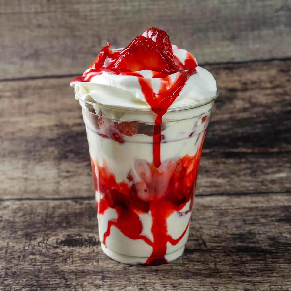 Strawberry parfait layered with cream and berries, topped with whipped cream and strawberry sauce in a clear cup.